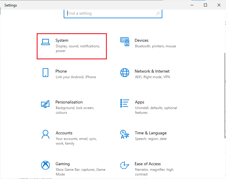 Ahora, haga clic en Sistema.  Arreglar los altavoces de Logitech que no funcionan en Windows 10