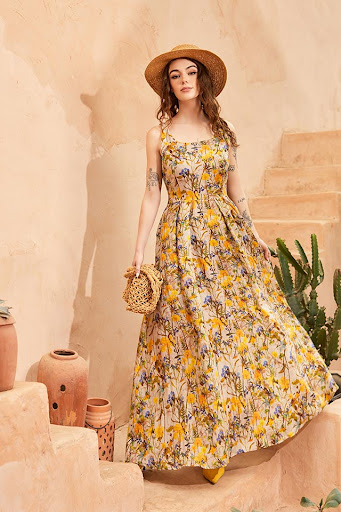 Váy đầm maxi 2 dây cổ vuông Yellow Floral