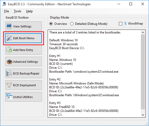 Dal lato sinistro, fai clic su Modifica menu di avvio in EasyBCD