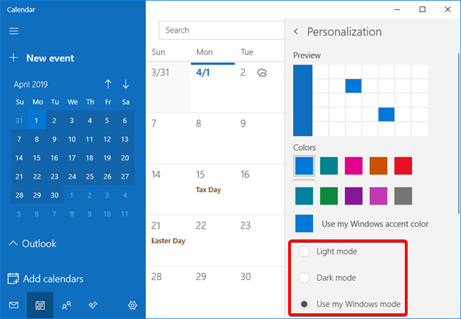 Las opciones de modo claro y oscuro en la configuración de la aplicación Calendario