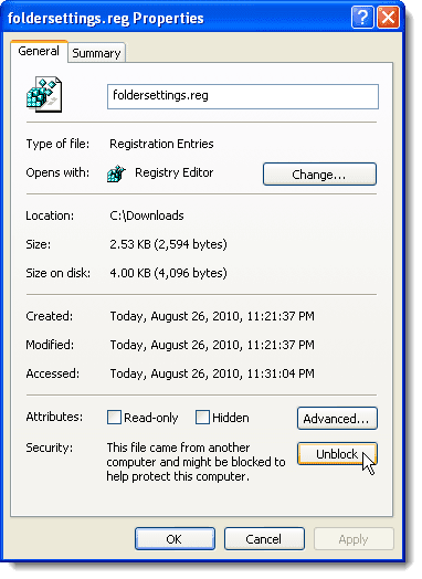 Het bestand foldersettings.reg deblokkeren