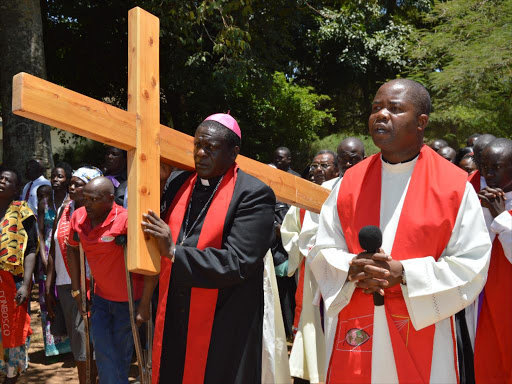 Kakamega Diocese Catholic Bishop Rt.Rev. Joseph Obanyi lead hundreds of Catholic faithfuls in marking the affliction of Jesus Christ through the way of the cross in Easter in Kakamega town yesterday /file