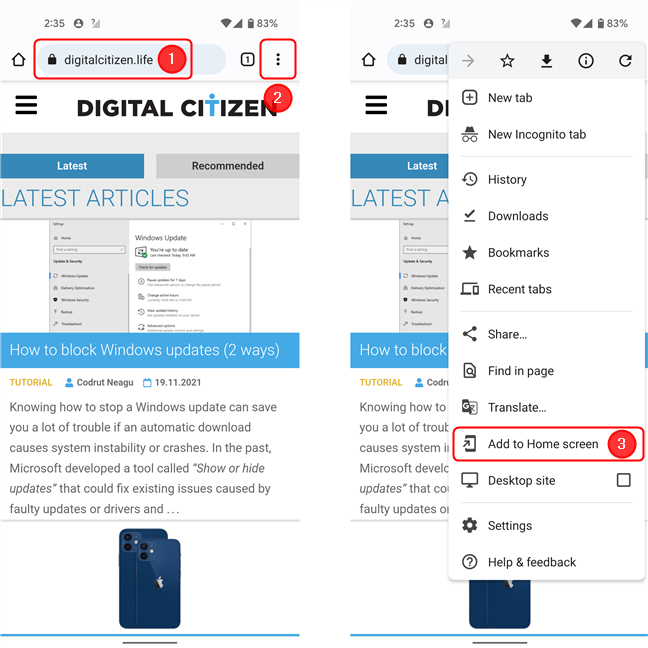 Apri la pagina web, quindi il menu del browser, seleziona Aggiungi alla schermata iniziale