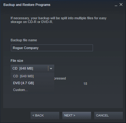 Upravte název záložního souboru a pokračujte kliknutím na NEXT.  Jak zálohovat hry na Steamu