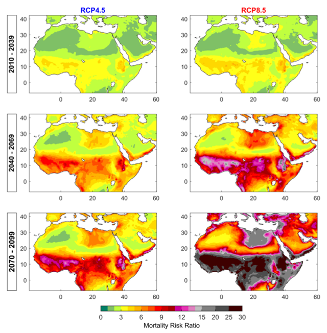 Projected decadal mortality risk ratio compared to the historical mortality risk in the Middle East and North Africa. The figure represents the ensemble mean of 17 RCMs and shows the exacerbation rate of mortality risk compared to the historical period. Graphic: Ahmadalipour Moradkhani, 2018 / Environment International