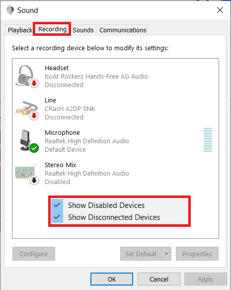 Mostrar dispositivos deshabilitados y mostrar dispositivos desconectados |  Habilitar mezcla estéreo en Windows 10