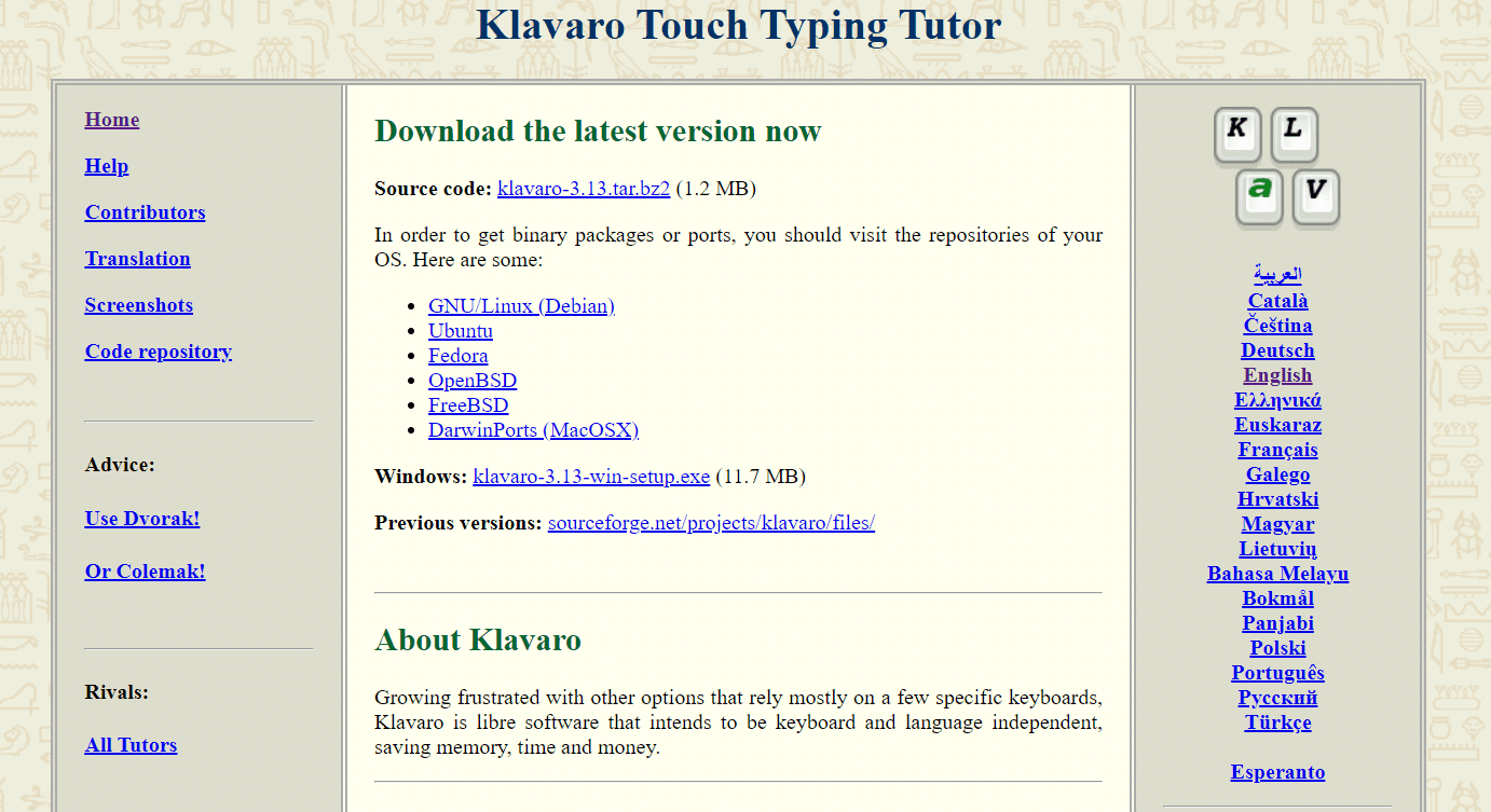 Tuteur de dactylographie Klavaro Touch.  24 meilleurs logiciels de saisie gratuits pour PC