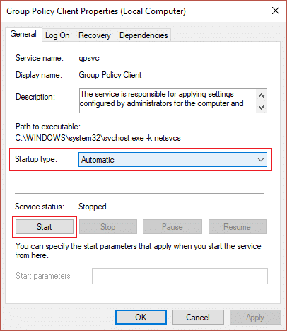 Establezca el Tipo de inicio del servicio de cliente de directiva de grupo en Automático y haga clic en Iniciar