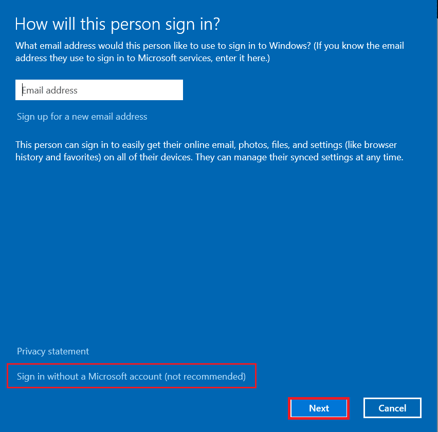 Choisissez Se connecter sans compte Microsoft option non recommandée et cliquez sur Suivant