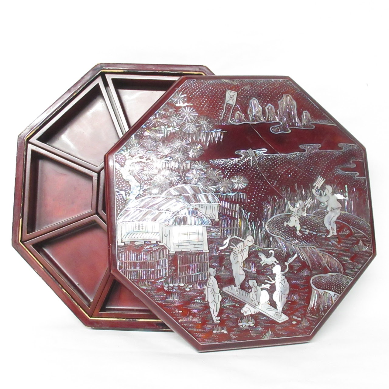 Chinese Wood & Mother Of Pearl Octagonal Box