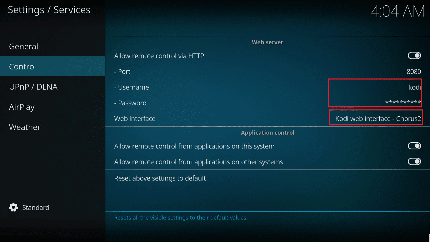 Imposta un nome utente e una password.  Assicurati che l'interfaccia web di Kodi Chorus2 sia scelta nella sezione dell'interfaccia web.  Come utilizzare l'interfaccia Web di Kodi