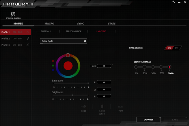 Los ajustes de iluminación RGB disponibles en Armory II