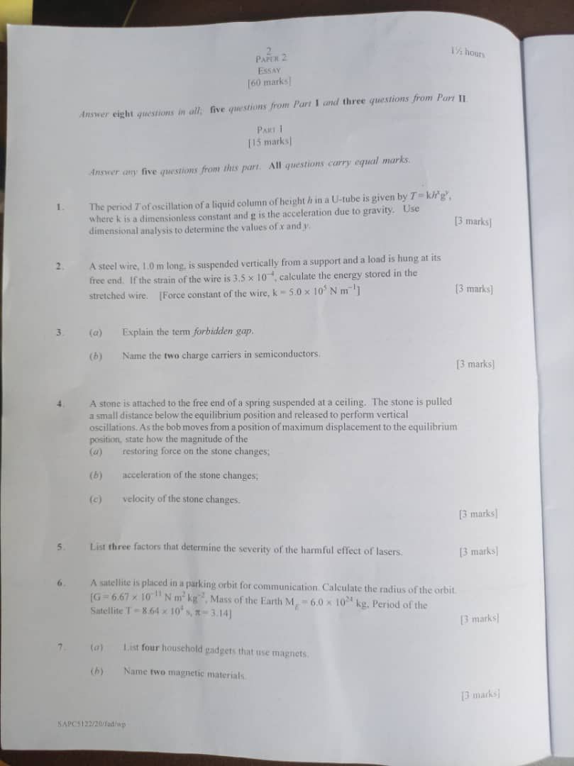 2020 neco physics essay questions