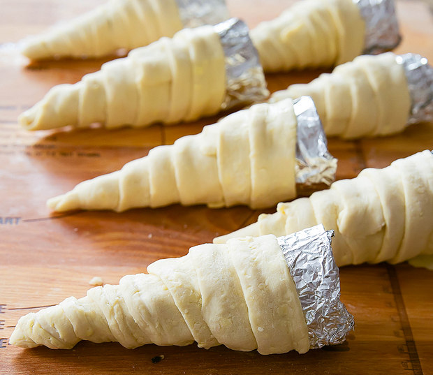 Mashed Potatoes Cones Prep: puff pastry wrapped around the tin foil cone molds