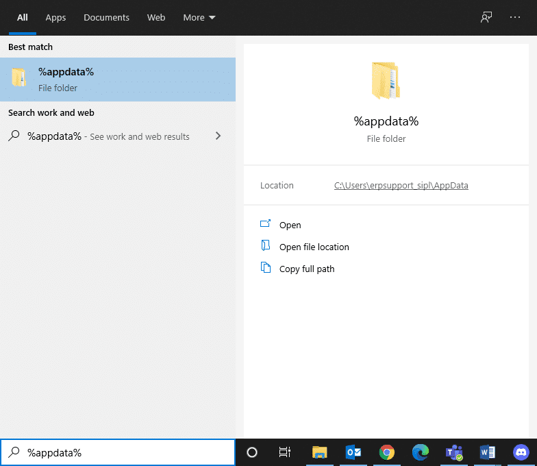 Klik op het Windows-zoekvak en typ %appdata% |  Hoe Google Chrome te repareren blijft crashen op Windows 10