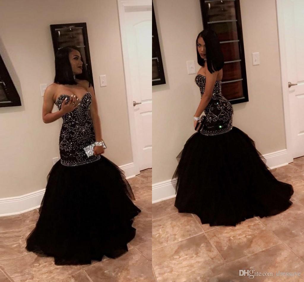 2018 Sparkly Crystal Beading Mer - Black Mermaid Prom Dress With Sequins