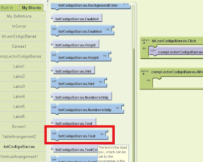 Editor de Bloques de la aplicación AjpdSoft Lector Códigos de Barras Android en Google App Inventor