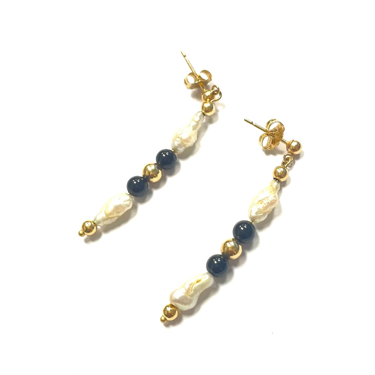 14K Gold, Seed Pearl, and Onyx Earrings