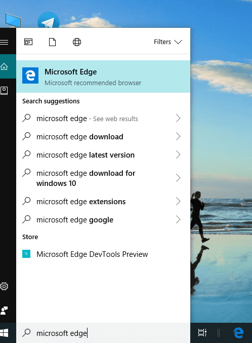 Abra Microsoft Edge buscando en la barra de búsqueda |  [GUÍA] Restablecer Microsoft Edge a la configuración predeterminada