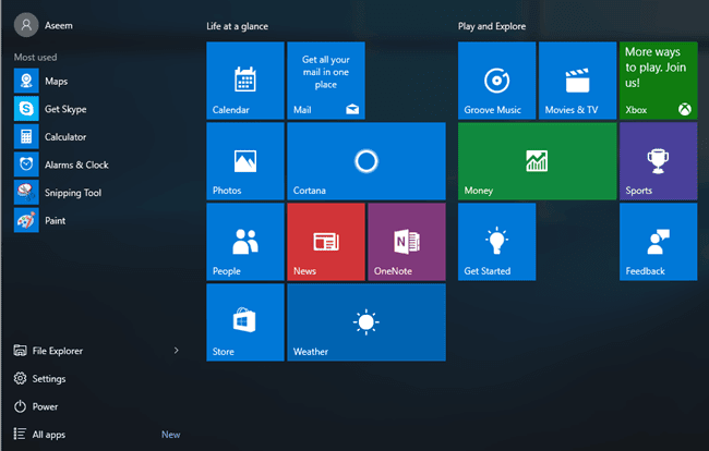 menu startowe Windows 10