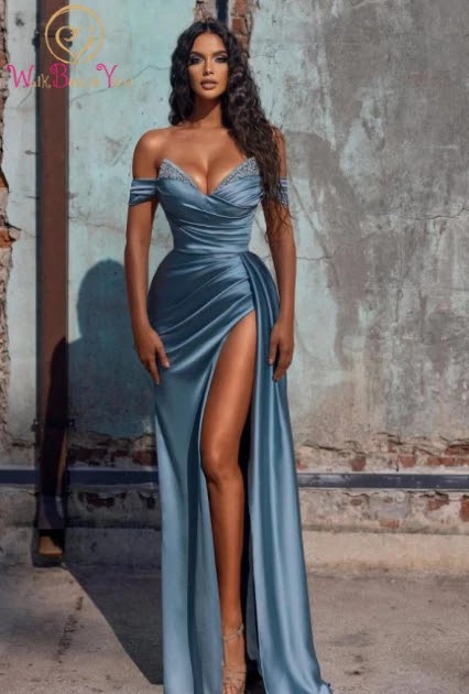 Navy Blue Evening Dresses Long Pleats Crystal Beaded Sexy Front Slit V ...