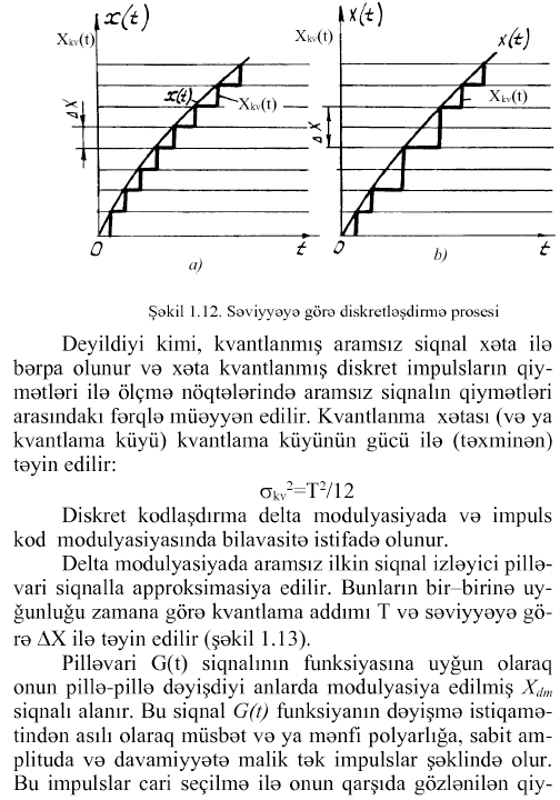 Şəkil 1.12. Səviyyəyə görə diskretləşdirmə prosesi Deyildiyi kimi, kvantlanmış aramsız siqnal xəta ilə bərpa olunur və xəta kvantlanmış diskret impulslarm qiymətləri ilə ölçmə nöqtələrində aramsız siqnalın qiymətləri arasındakı fərqlə müəyyən edilir. Kvantlanma xətası (və ya kvantlama küyü) kvantlama küyünün gücü ilə (təxminən) təyin edilir: <jkv2=T2/12 Diskret kodlaşdırma delta modulyasiyada və impuls kod modulyasiyasmda bilavasitə istifadə olunur. Delta modulyasiyada aramsız ilkin siqnal izləyici pilləvari siqnalla approksimasiya edilir. Bunların bir-birinə uyğunluğu zamana görə kvantlama addımı T və səviyyəyə görə AX ilə təyin edilir (şəkil 1.13). Pilləvari G(t) siqnalının funksiyasına uyğun olaraq onun pillə-pillə dəyişdiyi anlarda modulyasiya edilmiş Xdm siqnalı alanır. Bu siqnal G(t) funksiyanın dəyişmə istiqamətindən asılı olaraq müsbət və ya mənfi polyarlığa, sabit amplituda və davamiyyətə malik tək impulslar şəklində olur. Bu impulslar cari seçilmə ilə onun qarşıda gözlənilən qiy-