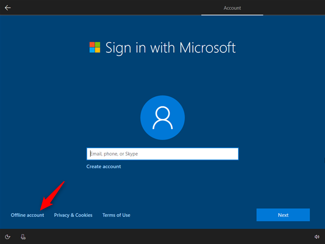 Opzione per utilizzare un account offline invece di un account Microsoft