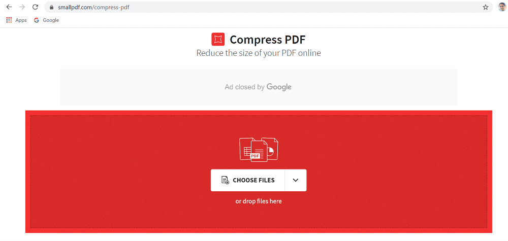 Seleziona un file dal tuo dispositivo facendo clic su Scegli file.  Come ridurre le dimensioni del file PDF senza perdere la qualità