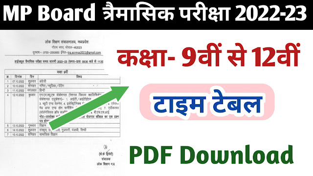 कक्षा 9वीं से 12वीं तक की त्रैमासिक परीक्षा 2022-23 Time table - Download