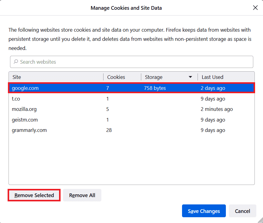 Seleccione los sitios web y haga clic en Eliminar seleccionados para eliminar los datos seleccionados.  Arreglar el clic derecho de Firefox no funciona