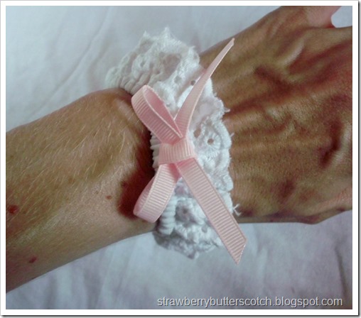 White Lace Wrist Cuff with Pink Ribbon Bow