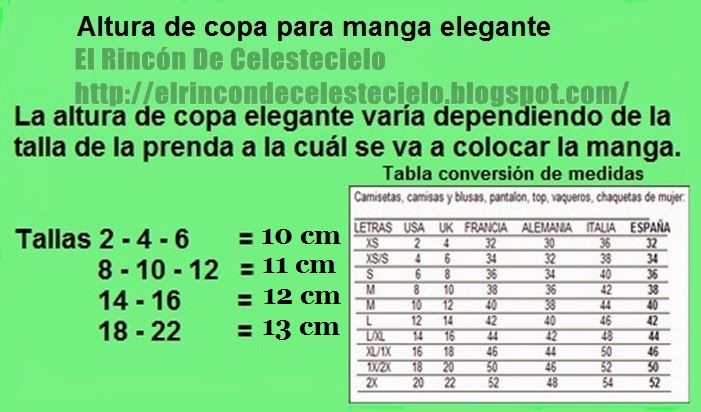 Tabla para altura de copa para manga elegante en proporción a la talla