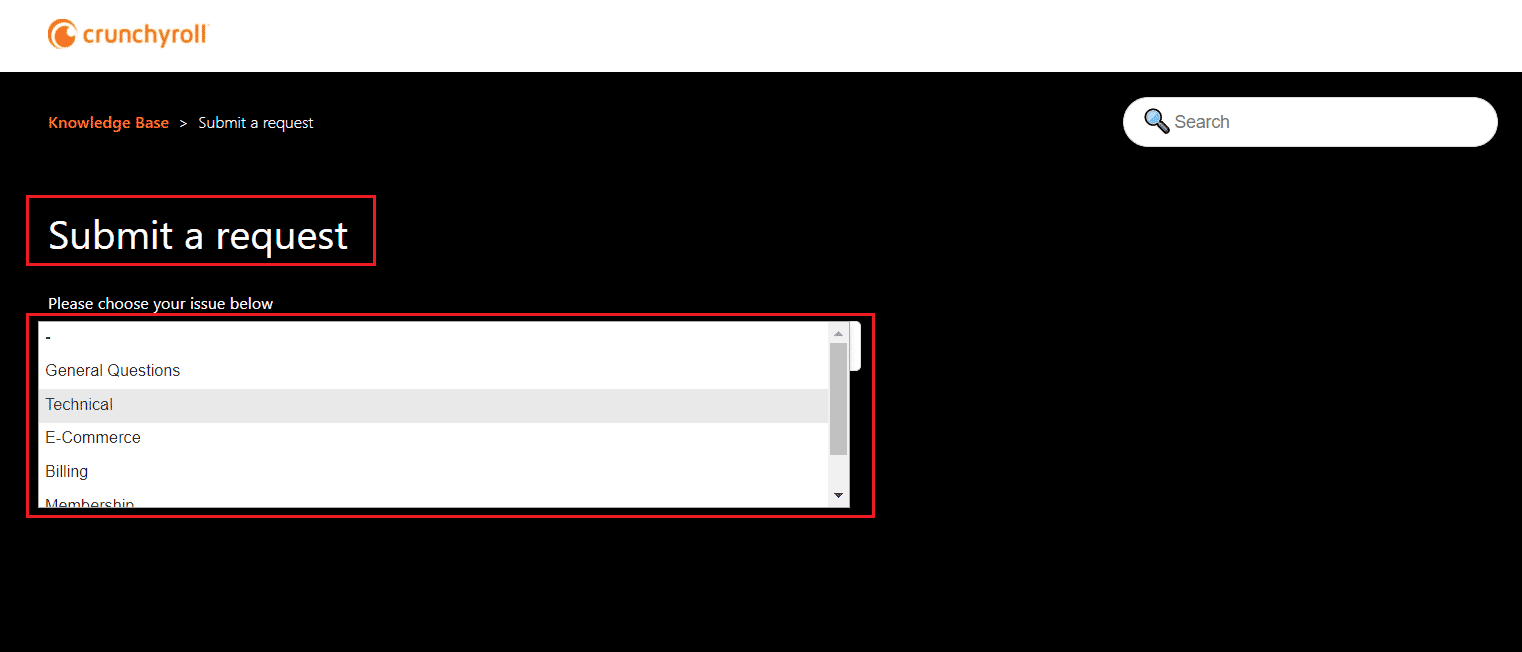 enviar una solicitud en la página de ayuda de Crunchyroll