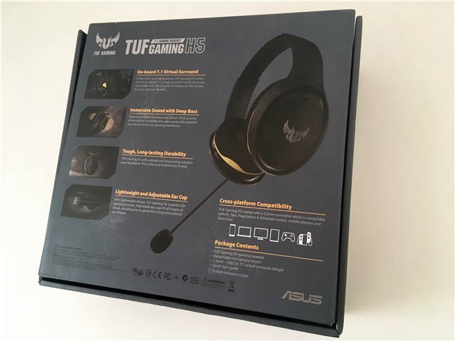 Het ASUS TUF Gaming H5-headsetpakket vanaf de achterkant