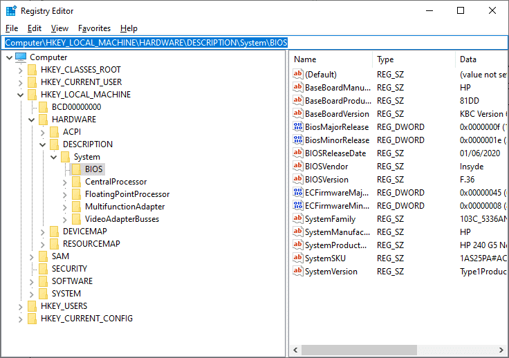 Dans l'éditeur de registre, accédez à Ordinateur, accédez à HKEY_LOCAL_MACHINE, accédez à MATÉRIEL, accédez à DESCRIPTION, accédez à Système, accédez au BIOS.  HKEY_LOCAL_MACHINE