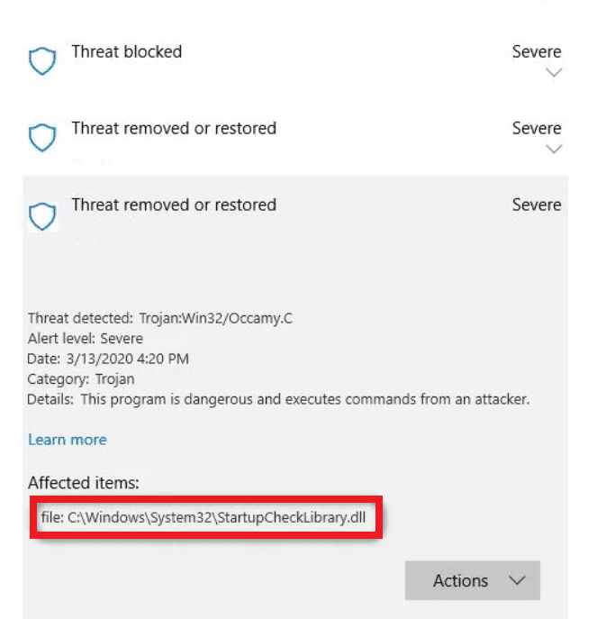 Откройте все записи об удаленных или восстановленных угрозах и проверьте, не является ли StartupCheckLibrary.dll одним из затронутых элементов.