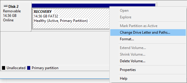 คลิกขวาที่ไดรฟ์ที่คุณต้องการซ่อน จากนั้นเลือก Change Drive Letters and Paths