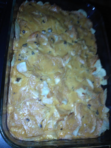 Potato Chip Casserole just out of oven!
I actually LOVE to eat this cut in squares and cold!!