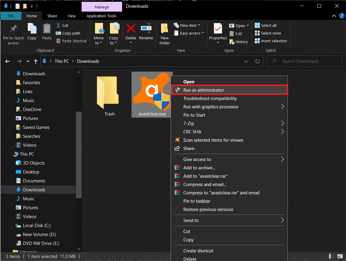 Haga clic derecho en avastcleaner.exe y seleccione Ejecutar como administrador