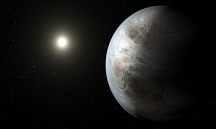 ilustração do planeta Kepler-452b ao redor de sua estrela