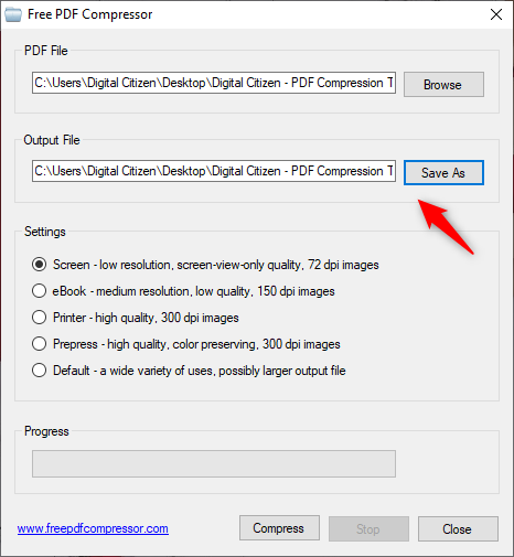 Wybór lokalizacji i nazwy mniejszego pliku PDF