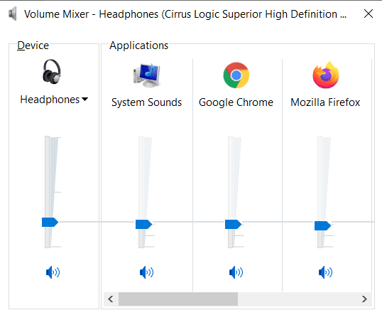 장치, 응용 프로그램 및 Firefox 오디오 레벨에 대해 오디오 레벨이 최대로 설정되어 있는지 확인하십시오.  Windows 10의 Firefox에서 소리가 나지 않는 문제 수정