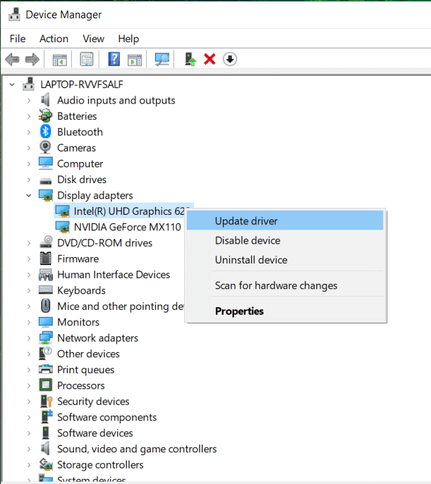 Fare clic con il pulsante destro del mouse sul driver della scheda grafica, quindi selezionare Aggiorna software driver