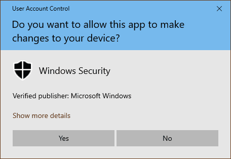 Un prompt UAC generato da Sicurezza di Windows