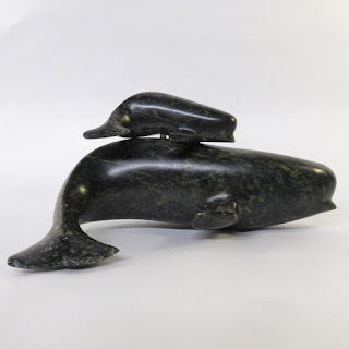 Isaac Oqutaq Serpentine Whale & Calf Statue