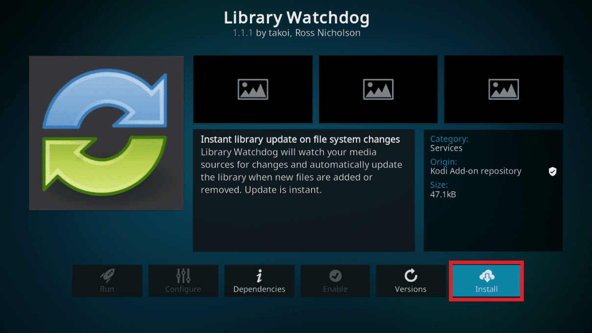 หากต้องการดาวน์โหลดและติดตั้งส่วนเสริม ให้คลิกปุ่มติดตั้ง  วิธีอัปเดต Kodi Library