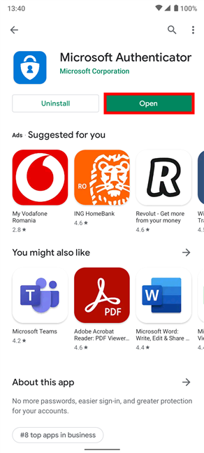 Open de Microsoft Authenticator-app vanuit de Play Store