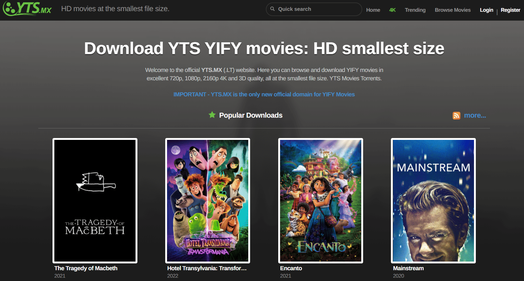 YTS torrent-site startpagina