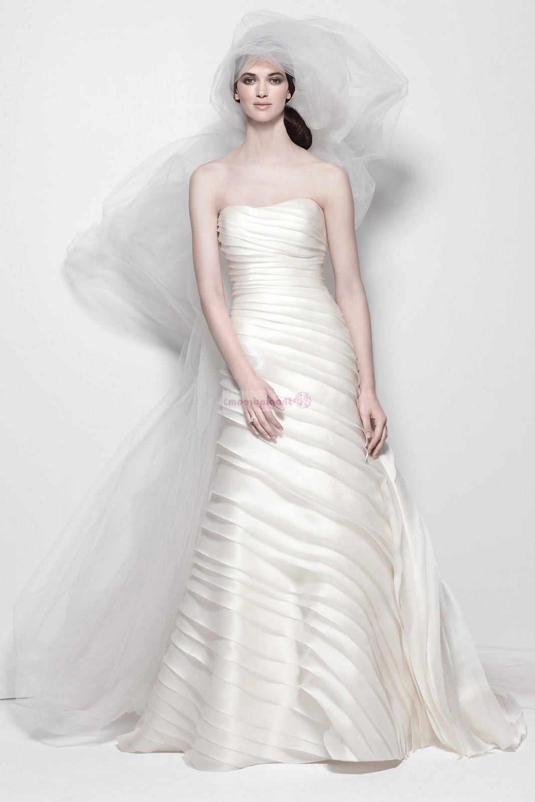 A-line strapless tiered Satin long white wedding dress