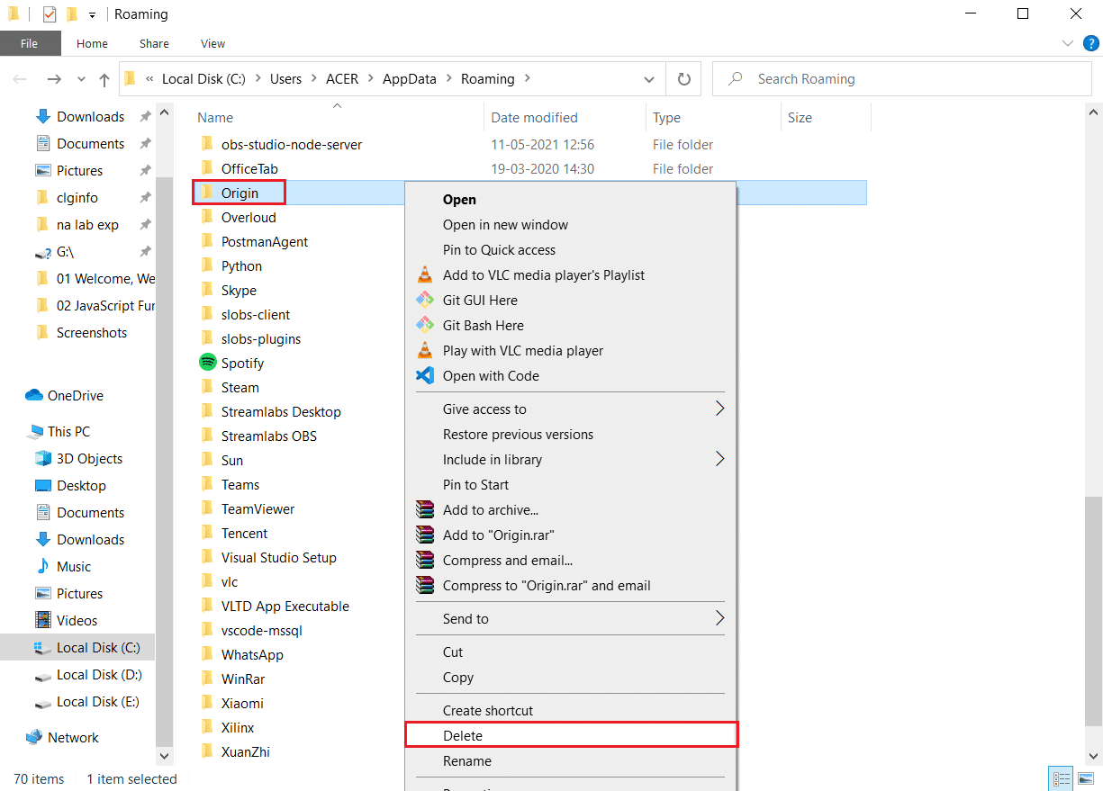 kliknij prawym przyciskiem myszy folder Origin i wybierz opcję usuwania